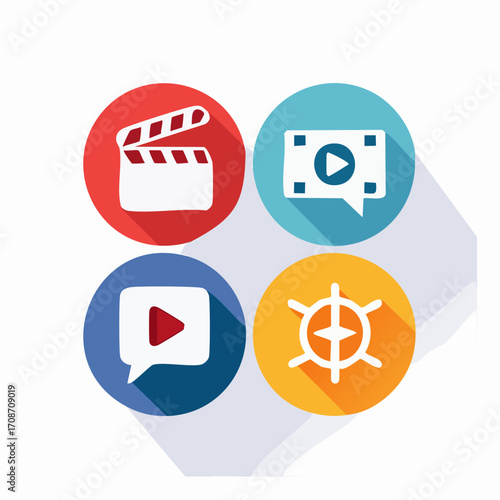 Film Production Icons: A visually captivating image of film production icons. The icons, neatly arranged in a square grid, create a dynamic representation of the film making process. 