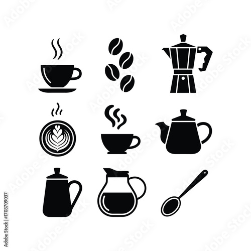 Coffee icons set delicious hot beverage steam cup beans moka pot teapot carafe spoon
