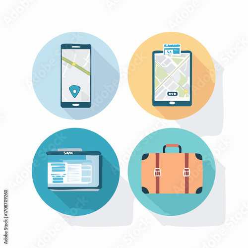 Travel and Navigation Icons: A quartet of travel-related icons come to life. Includes: smartphone GPS, tablet with map, booking page, suitcase and evokes the spirit of journey.