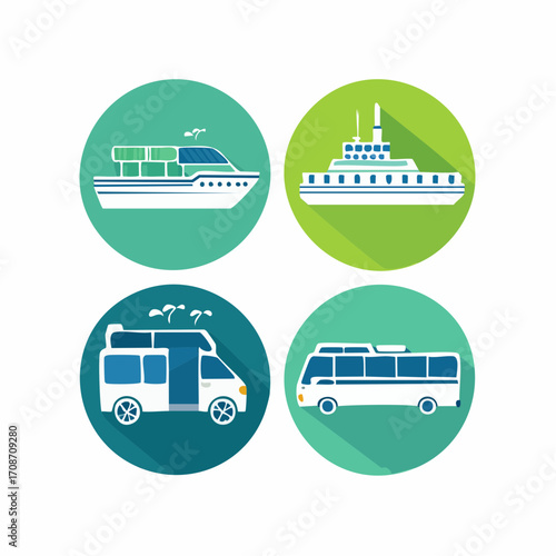Transportation Icons: A set of vibrant and modern flat design icons illustrating various modes of transportation, ideal for travel or logistics concepts. 