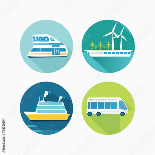 Eco-friendly Transport: A modern, illustrative portrayal of various sustainable transportation modes set against vibrant backgrounds.