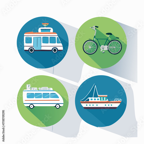 Transportation Icons: A collection of diverse transport icons, arranged in vibrant circles. The design style incorporates a blend of simplicity and visual appeal.