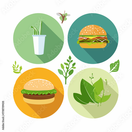 Healthy meal icon: A vibrant and colorful graphic presents a collage of wholesome food items and drink, showcasing a balanced meal.