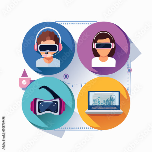 Immersive Technology: A vibrant illustration showcases the future of virtual reality, portraying individuals immersed in digital environments.