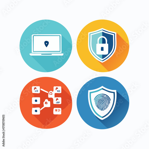 Data Security Icons: A collection of flat design icons illustrating data security, encompassing concepts of protection, digital security, and privacy.