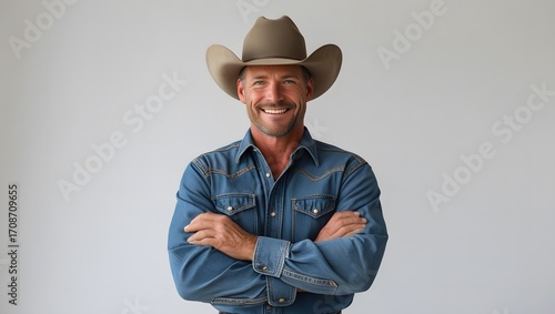 Smiling Man with Beard – Cowboy Hat and Belt Buckle on White Background