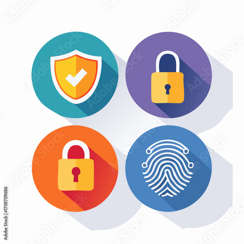 Digital Security Icons: Illustrative digital security icons, each set on a circle, representing core elements of data protection and cybersecurity.