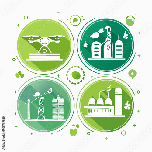Industry Innovations: A graphic representation showcasing industry advancements, including a drone, and various plant silhouettes, rendered in a modern, eco-friendly palette.