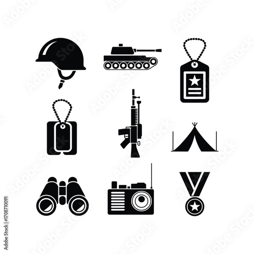 Military icons set featuring helmet tank rifle dog tag tent binoculars and medal for service