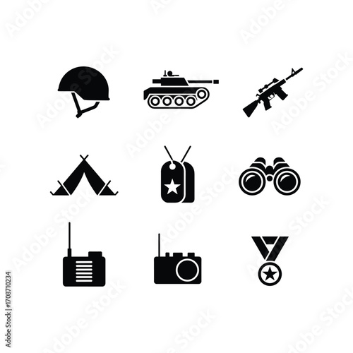 Set of military icons featuring helmet tank rifle tent dog tags binoculars radio camera medal