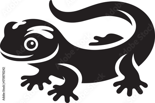 Adorable black salamander silhouette with cute big eyes and wagging tail