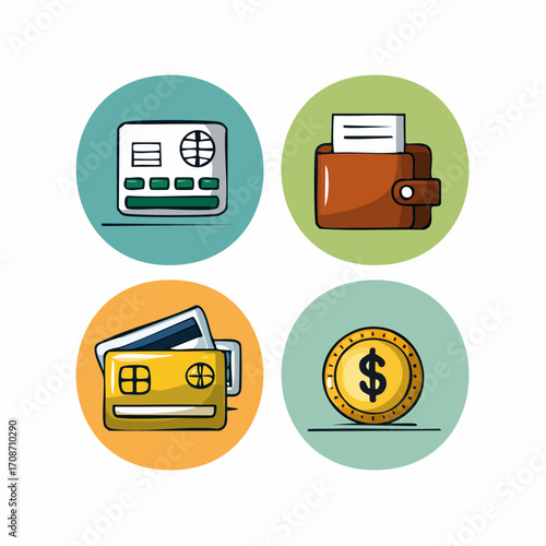 Financial Icons: Captivating illustration featuring credit card, wallet, and gold coin, representing financial management, money, and commerce. 
