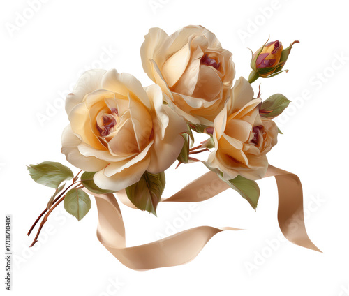 Elegant floral arrangement of cream roses on satin ribbon isolated on transparent background