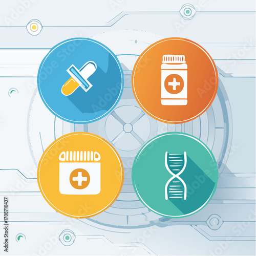 Healthcare Icons on Futuristic Background: A visually captivating assortment of healthcare icons, set against a futuristic backdrop, representing essential elements of medical science.