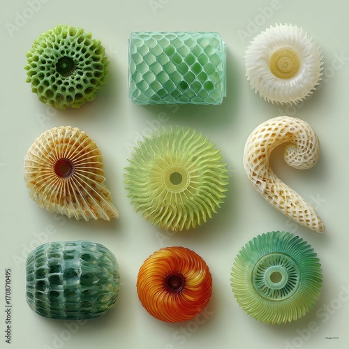 Abstract, geometric, 3D-printed objects in varying colors and textures, arranged in a grid pattern on a light green background