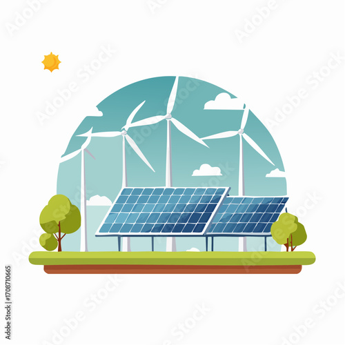 Renewable Energy Ecosystem: Illustrated scene featuring solar panels, wind turbines, conveying sustainability and environmental conservation