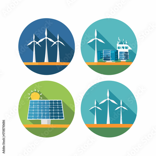 Renewable Energy Icons: A vibrant array of stylized icons illustrating sustainable energy sources, including wind turbines and solar panel technology, all under a bright, sunny sky.
