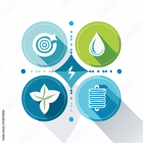 Sustainable Living Icon Set: A collection of vector-style icons representing the cornerstones of sustainable living, promoting eco-consciousness.