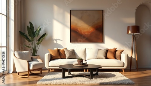 Stylish living room interior features modern furniture  including plush sofa  armchair. Abstract framed poster hangs on wall above sofa. Natural light streams through large windows  illuminating