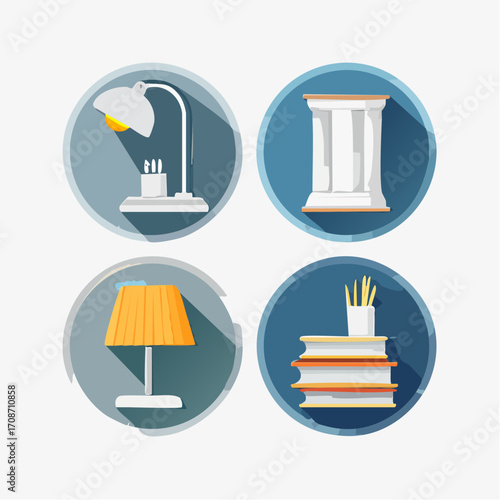 Study Room Elements: A set of four circular icons with essential study room elements, featuring a desk lamp, Roman column, bedside lamp, and a stack of books.