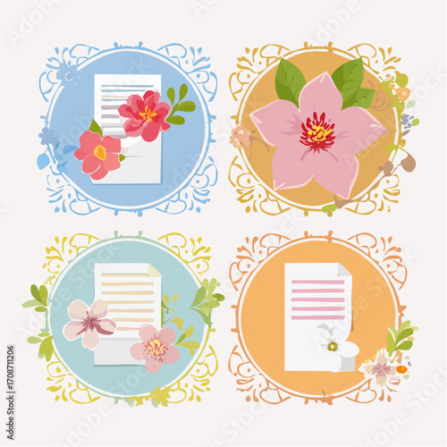 Floral Documents: An artistic array of documents and delicate blooms intertwine within ornate frames, creating a harmonious composition that radiates charm and elegance.