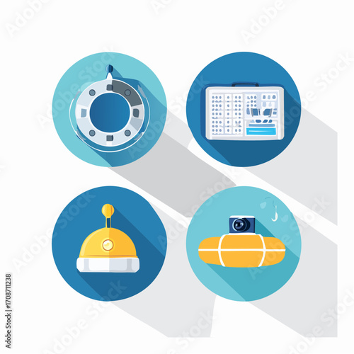 Digital Tech Icons in a Circle: An array of digitally rendered icons are elegantly framed inside of individual circles, perfect for representing all facets of high-tech ingenuity.