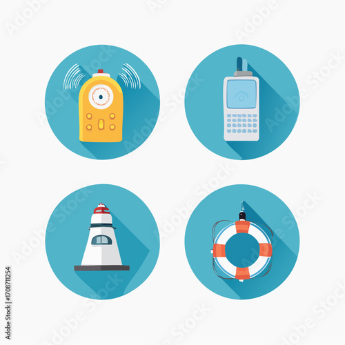 Safety icons in water: A collection of essential safety equipment icons representing security in nautical context, the clean design and vibrant colors are inviting and modern.