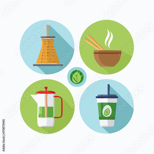 Culinary Delight Icons: A curated collection of four vibrant circle icons, showcasing a delicious array of culinary items, perfect for food-related projects.