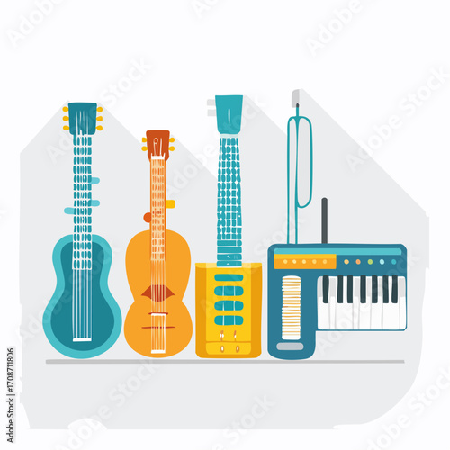 Harmonic Instruments: An array of stylized musical instruments, from classic guitars to an electric keyboard, creates a visual symphony of sound and expression. 