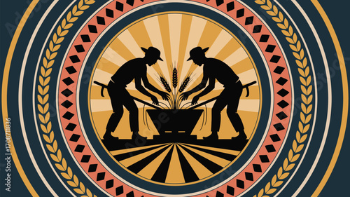 Harvest festival illustration showcasing the bounty of the land, agriculture and community, warm palette