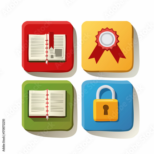 Modern Education Icons: A vibrant set of user-friendly icons showcasing the essence of education: an open book, a seal of approval, a secure lock, and a journal, representing knowledge and security.