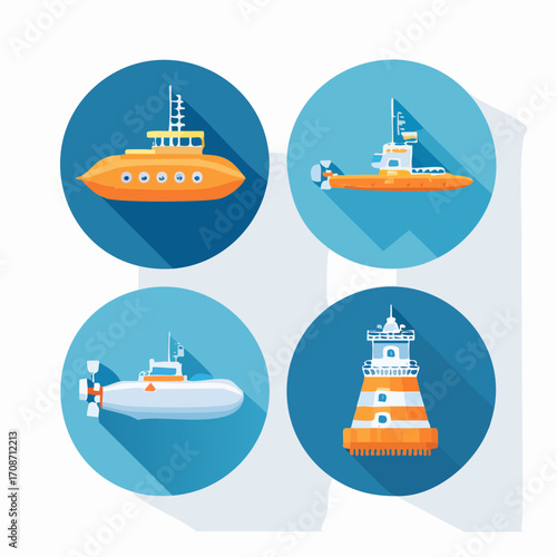 Marine Icon Set: An enchanting collection of four vibrant vector icons: two stylized submarines and a lighthouse, each within its own circular frame, offering a snapshot of the maritime world. 