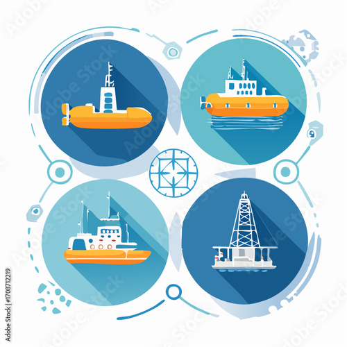 Marine Transportation Illustrations: Showcasing a range of maritime vessels in a dynamic, eye-catching illustration, capturing the essence of maritime exploration and the industry's impact.