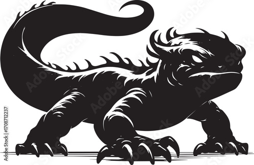 Stylized dark silhouette of a fantasy salamander creature with spiky back and curled tail