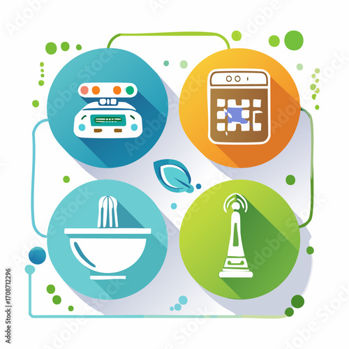 Culinary and Measurement Icons: A collection of vibrant flat-design icons representing culinary tools and measurement instruments, offering a modern visual for cooking and food preparation. 
