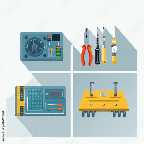 Electronic Components and Repair Tools: A meticulously arranged top-down perspective showcases electronic components alongside essential repair tools.