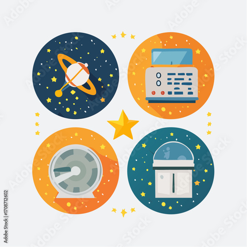 Cosmic Wonders: A delightful illustration unveils the marvels of the cosmos, showcasing planets, celestial objects, and astronomical equipment.