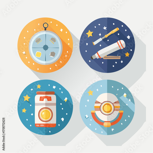 Celestial Exploration: Embark on an astronomical journey with these vibrant, illustrated icons representing tools of space exploration, promising cosmic adventures and scientific discovery.