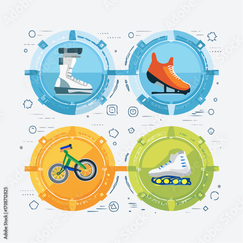 Wheels of Leisure: Showcasing wheels and shoes for various activities and sports including ice skating, inline skating, biking, and skiing in vector style.