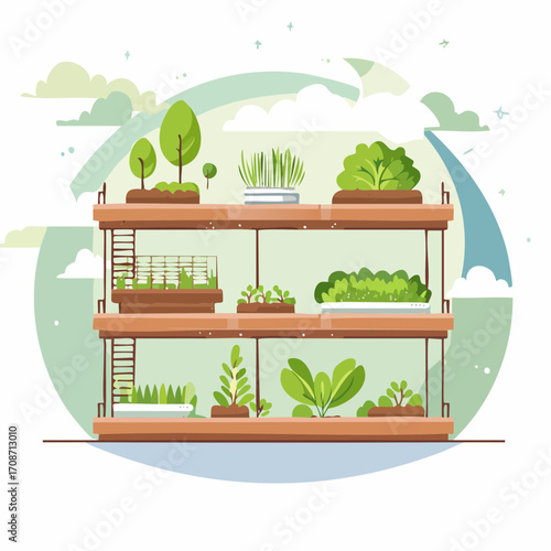 Urban Garden: A captivating illustration of a multi-tiered urban garden bursting with verdant plant life, depicting a sustainable cultivation in an urban environment.