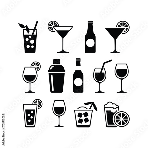 Collection of classic drink icons featuring cocktails wine glasses bottles and bar shaker