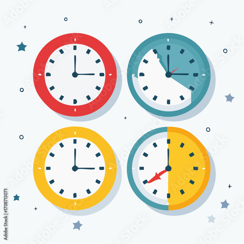 Time's Tapestry: A collection of four clock faces with varying designs, each telling a unique story of the passage of time, and a subtle background of stardust.