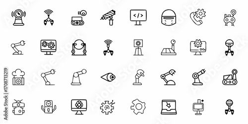 Dynamic collection of modern robotics and automation icons, showcasing industrial technology, AI, and futuristic engineering concepts for innovative design projects.