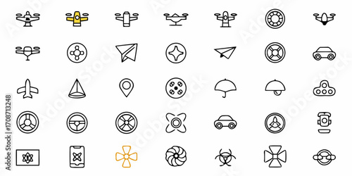 Modern icon collection featuring drones, airplanes, cars, steering wheels, umbrellas, and abstract symbols for technology, travel, and innovation themes