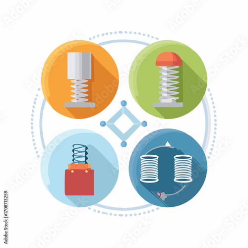 Springs and Concept: A graphic design of different spring styles in a conceptual circular layout, with shadows, representing a diverse set of design concepts.