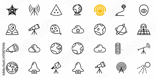 Discover the universe with this charming collection of hand-drawn icons featuring planets, telescopes, satellites, and celestial wonders for your creative projects