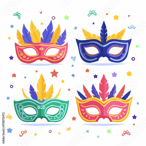 Masquerade Masks: A vibrant array of carnival masks, each adorned with elegant feathers and intricate designs, symbolizing mystery and celebration.