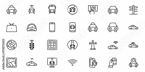 Dynamic collection of modern vehicle and transportation icons showcasing autonomous driving, connectivity, navigation, and smart city technology for digital innovation and future mobility concepts.