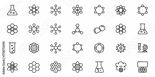 Dynamic science icons illustrating atomic structures, chemical molecules, laboratory flasks, and technological elements for educational and research presentations