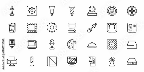 Diverse collection of hand-drawn icons representing technology, business, and everyday objects, perfect for modern digital projects and creative designs.